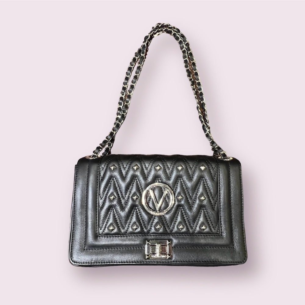 Valentino by Mario Valentino Alice Black Quilted Leather Purse with Chain Straps